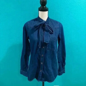 Zara denim button up tie blouse in size small